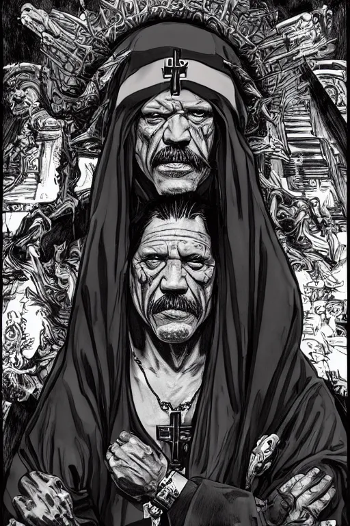 Image similar to Danny Trejo as church nun, dark fantasy, highly detailed, artstation, manga illustration by Kentaro Miura berserk