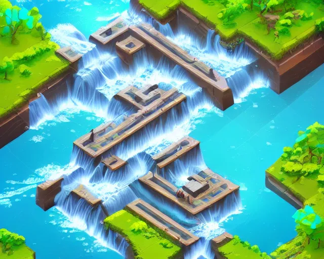 Image similar to isometric game art of a very beautiful turquoise blue waterfall, game design concept, trending on artstation, cgsociety