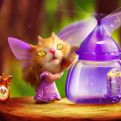 Prompt: a happy cute cat-fairy brewing a magic potion, extreme detail, photorealistic