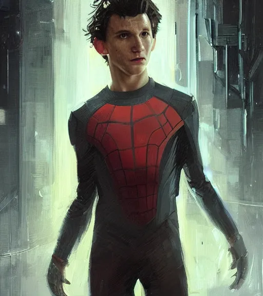 Image similar to portrait of tom holland by greg rutkowski, he is about 3 0 years old, short black hair with bangs, scared and incredulous, very tall and slender, he is wearing futuristic space gear, highly detailed portrait, digital painting, artstation, concept art, smooth, sharp foccus ilustration, artstation hq