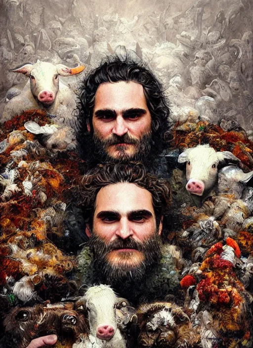 Image similar to a hyper detailed painting of joaquin phoenix surrounded by animals, cow horns, pig nose, sheep wool, chicken feather armor, horror, by anna podedworna, by miklos ligeti, by diego maricato, by taran fiddler, by antonino truisi, by chris reddie, by jinsung lim, trending on artstation