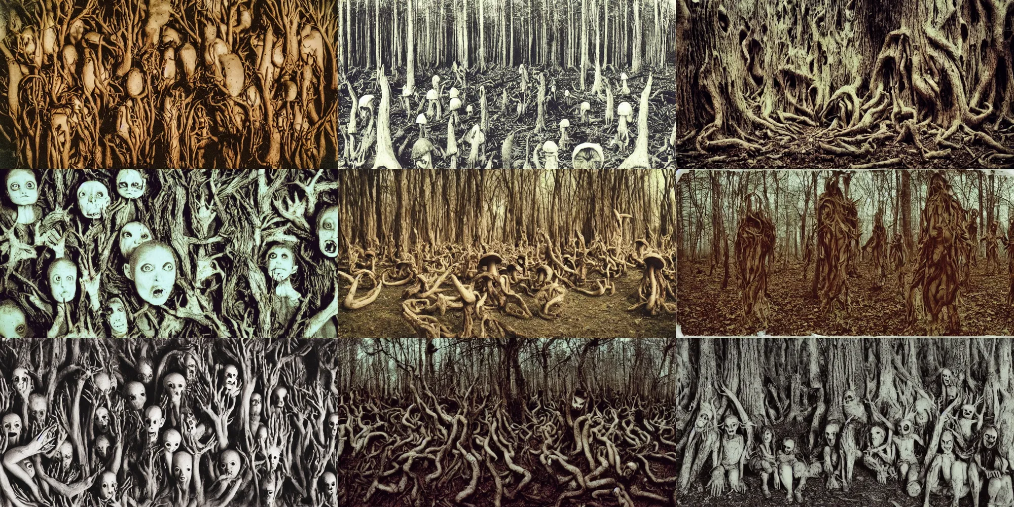 Prompt: mushroom - eating demonic cult, critical moment, terrifying tortured tree monsters with distorted faces made of bark, lovecratftian horror, pans labyrinth, liminal, nightmare inducing, shot on expired instamatic film