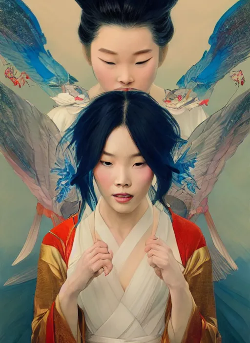 Prompt: portrait of mulan, bird, blue spike aura in motion, floating pieces, painted art by tsuyoshi nagano, greg rutkowski, artgerm, alphonse mucha, spike painting