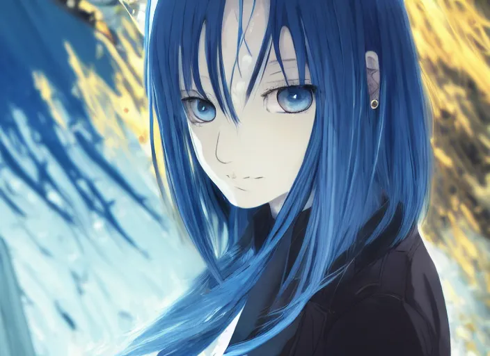 Image similar to rimuru with sky blue straight hair, bangs, amber eyes, gold eyes, wearing a black studded jacket, high collar, ultra detailed, concept art, mean look, award winning photography, digital painting, cinematic, by wlop, anime key visual, closeup, pixiv, 8 k, yoshitaka amano, ilya kuvshinov,