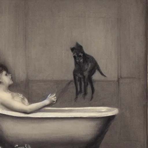 Prompt: young lady being scared by an undead dog while in the bath by alfred stevens in charcoal