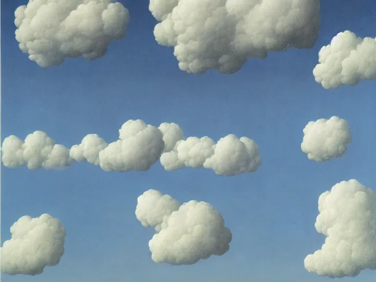 Image similar to man made out of clouds, painting by rene magritte, high detail, high resolution