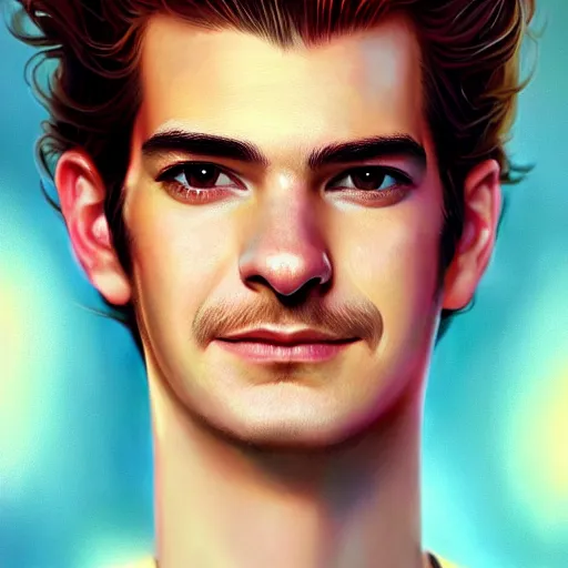 Image similar to colorful Captivating andrew garfield, brown eyes with red eye markers, slim body, wearing a detailed Japanese kimono with golden details, atmospheric lighting, painted, intricate, 4k, highly detailed by Charlie Bowater