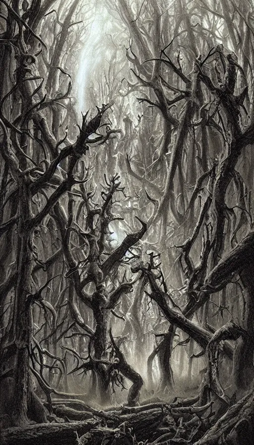 Image similar to a storm vortex made of many demonic eyes and teeth over a forest, by james gurney