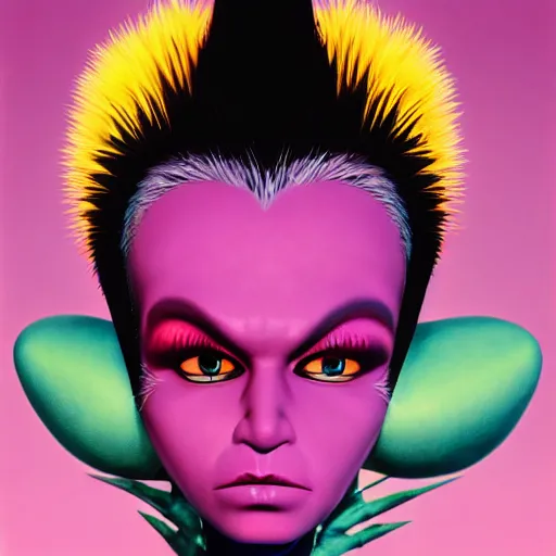 Image similar to a pink punk rock rapper alien with black spiked hair, an airbrush painting by Jamie Hewlett, cgsociety, symbolism, antichrist, aesthetic, 8k