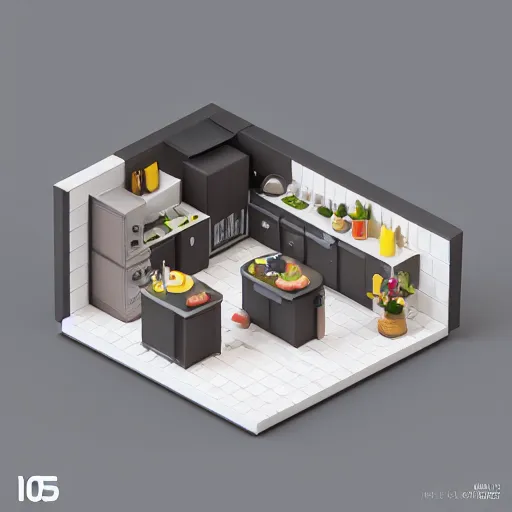 Image similar to isometric mini chubby kitchen, c 4 d style, 1 0 0 mm, depth of field, octane render, studio lighting