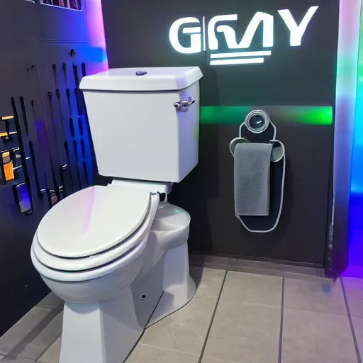 Prompt: photo of an rgb gaming toilet