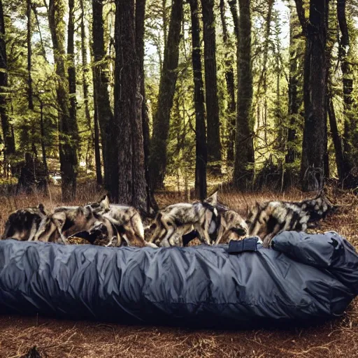 Prompt: a pack of wolves encircling a sleeping bag in a forest