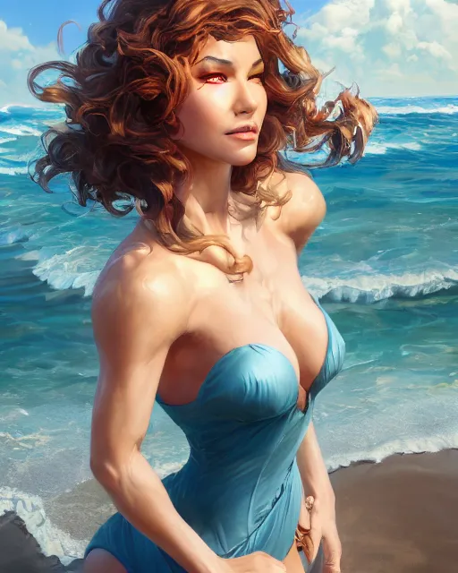 Image similar to beautiful lady at the beach, fantastical, turbulent, highly detailed, fit body, digital painting, artstation, concept art, smooth, sharp focus, illustration, unreal engine 5, 8 k, art by stanley artgerm lau, wlop, rossdraws, frank frazetta, andrei riabovitchev, marc simonetti