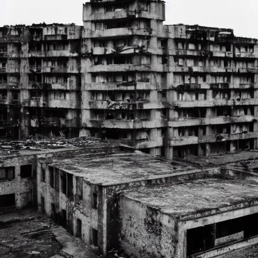 Prompt: brutalist city, prison city, totalitarian prison island, hashima island, rundown buildings, military buildings, prison complex, 3 5 mm photo