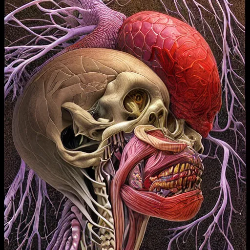 Image similar to nightmare etherreal iridescent vascular nerve bundles pearlescent spinal chord horror by naoto hattori, zdzislaw, norman rockwell, studio ghibli, anatomical cutaway