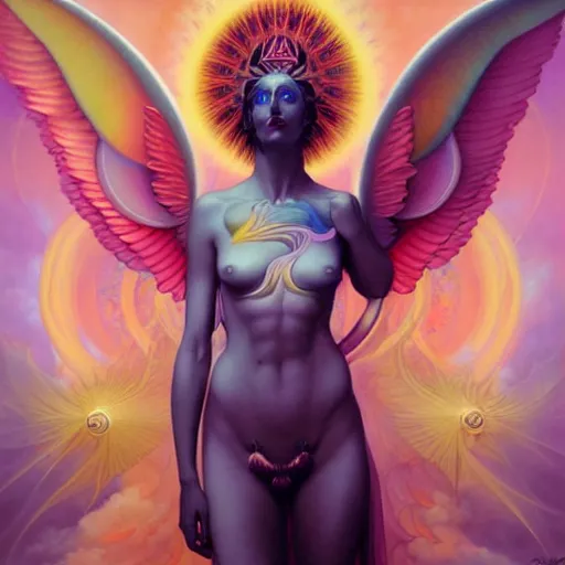 Image similar to psychedelic angelic celestial being artwork of peter mohrbacher, frank xavier leyendecker, energy body, sacred geometry, esoteric art, divinity detailed, saturated colors,