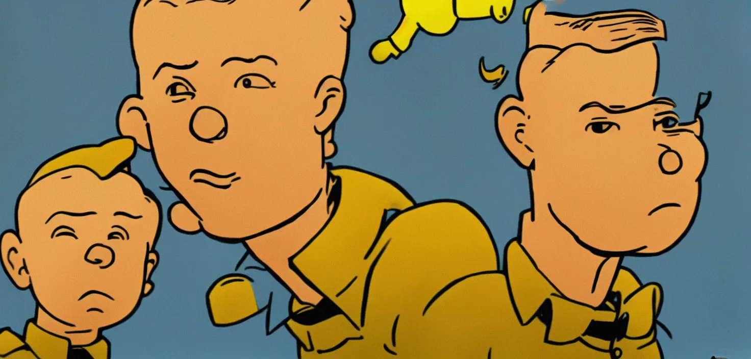 Prompt: Tintin portrait, high detail, warm lighting, volumetric, a draw by Herge