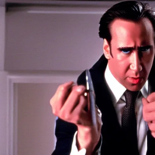 Prompt: photo of Nicolas Cage as Patrick Bateman in American Psycho movie