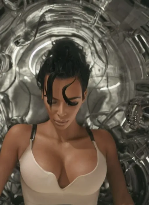 Image similar to film still of kim kardashian in the movie Alien, facehugger mounted on her face, unconscious, cinematic shot, 4k.