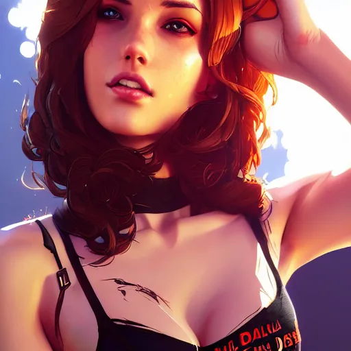 Image similar to portrait of a beautiful daisy duke from dukes of hazard, art by saruei and guweiz and ilya kuvshinov, digital art, highly detailed, intricate, sharp focus, trending on artstation hq, deviantart, pinterest, unreal engine 5, 4 k uhd image