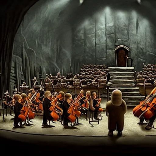 Image similar to the last orchestra, extremely detailed claymation art, extremely realistic, dark, moody, foggy