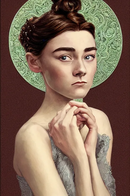 Image similar to a full body art nouveau portrait of a 16-year old girl who resembles Audrey Hepburn and Saoirse Ronan with a worried, intense gaze and slightly opened mouth, wearing sheer silks and ornate intricate iridescent mother-of-pearl jewelry, intricate, elegant, highly detailed, digital painting, artstation, concept art, smooth, sharp focus, illustration, art by John William Waterhouse and Bouguereau and Donato Giancola and alphonse mucha