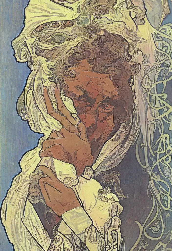 Image similar to realistic white - haired geoffrey hinton on a tarot card, tarot in art style by alphonse mucha