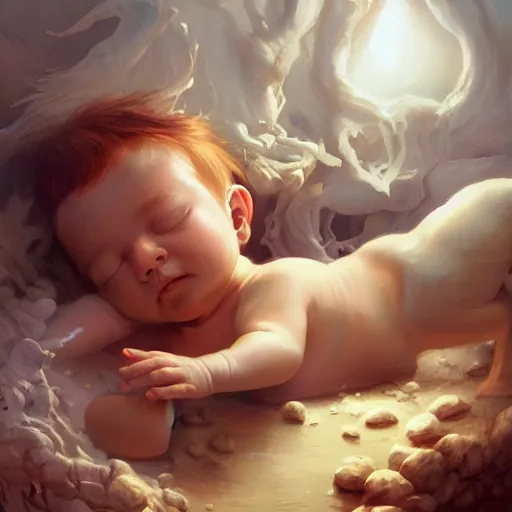 Image similar to a baby unicorn sleeping in an cracked egg, ultrarealistic, dramatic lighting, high details, 4 k, 8 k, best, accurate, trending on artstation, artstation, photorealism, ultrarealistic, digital painting, fantasy art, style of peter mohrbacher, caravaggio, boris vallejo