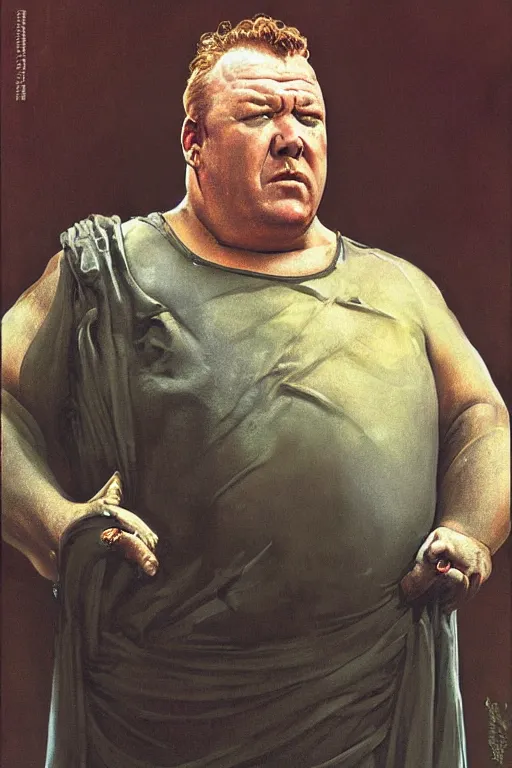 Image similar to dynamic upper body portrait of ray winstone as baron harkonnen in 1982 movie dune, by norman rockwell and boris vallejo