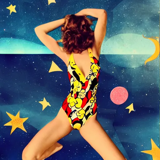 Image similar to vintage inspired, mixed media collage of a swimsuit model in space, full body, trending on art station, highly detailed, excellent composition