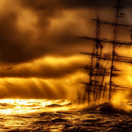 Prompt: pirate sloop, heavy winds, huge waves, golden hour, dramatic lighting, digital art, photograph 8 5 / f 1. 8