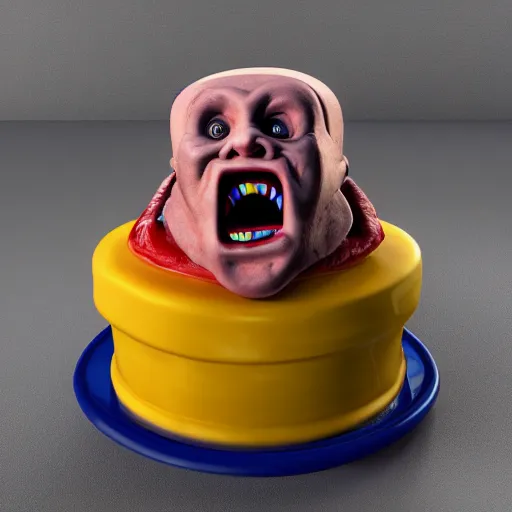 Prompt: birthday cake shaped like screaming chucky doll, octane render, centered