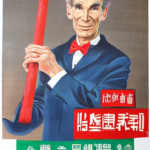 Prompt: chinese propaganda poster of bill nye holding a pickaxe, oil painting