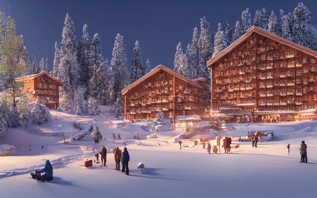 Prompt: finnish ski resort architectural visualization, hotel, winter scene, cozy, corona render, rendered in vray, evening light, lakeside, dof, mountainous landscape, pine forest, evermotion, ronen bekerman, contest winner, archviz, peter guthrie, ultradetailed, photorealistic, photoreal, box visuals