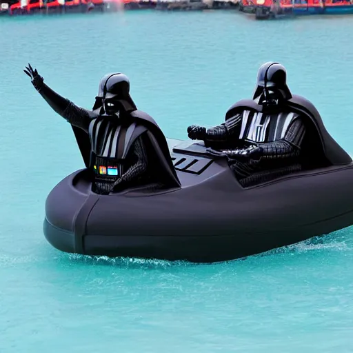 Image similar to darth vader riding in a bumper boat having fun