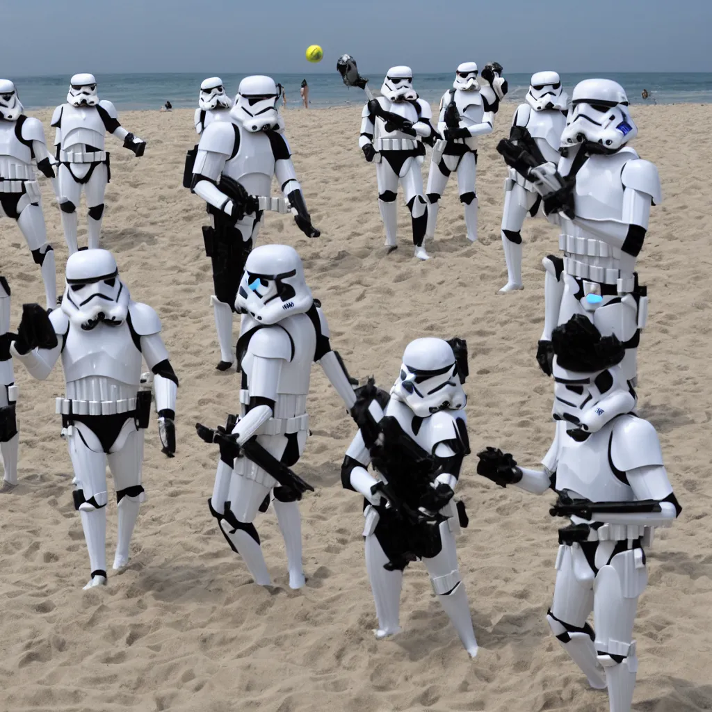 Image similar to a group of imperial stormtroopers playing beach volleyball