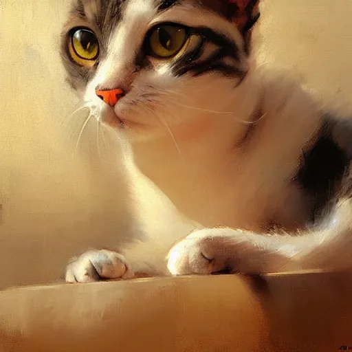 Image similar to greg manchess painting of of a cute cat, painting, trending on artstation, by huang guangjian and gil elvgren and sachin teng