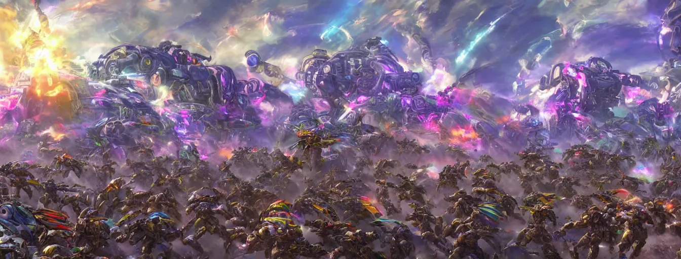 Prompt: a zoomed out panoramic view an army of rainbow soul army calvary screaming into the battlefield. hyperrealistic anime background illustration by kim jung gi, starcraft 2, colorful, extremely detailed intricate linework, smooth, super sharp focus, bright colors, high contrast, matte, octopath traveler, unreal engine 5 highly rendered, global illumination, radiant light