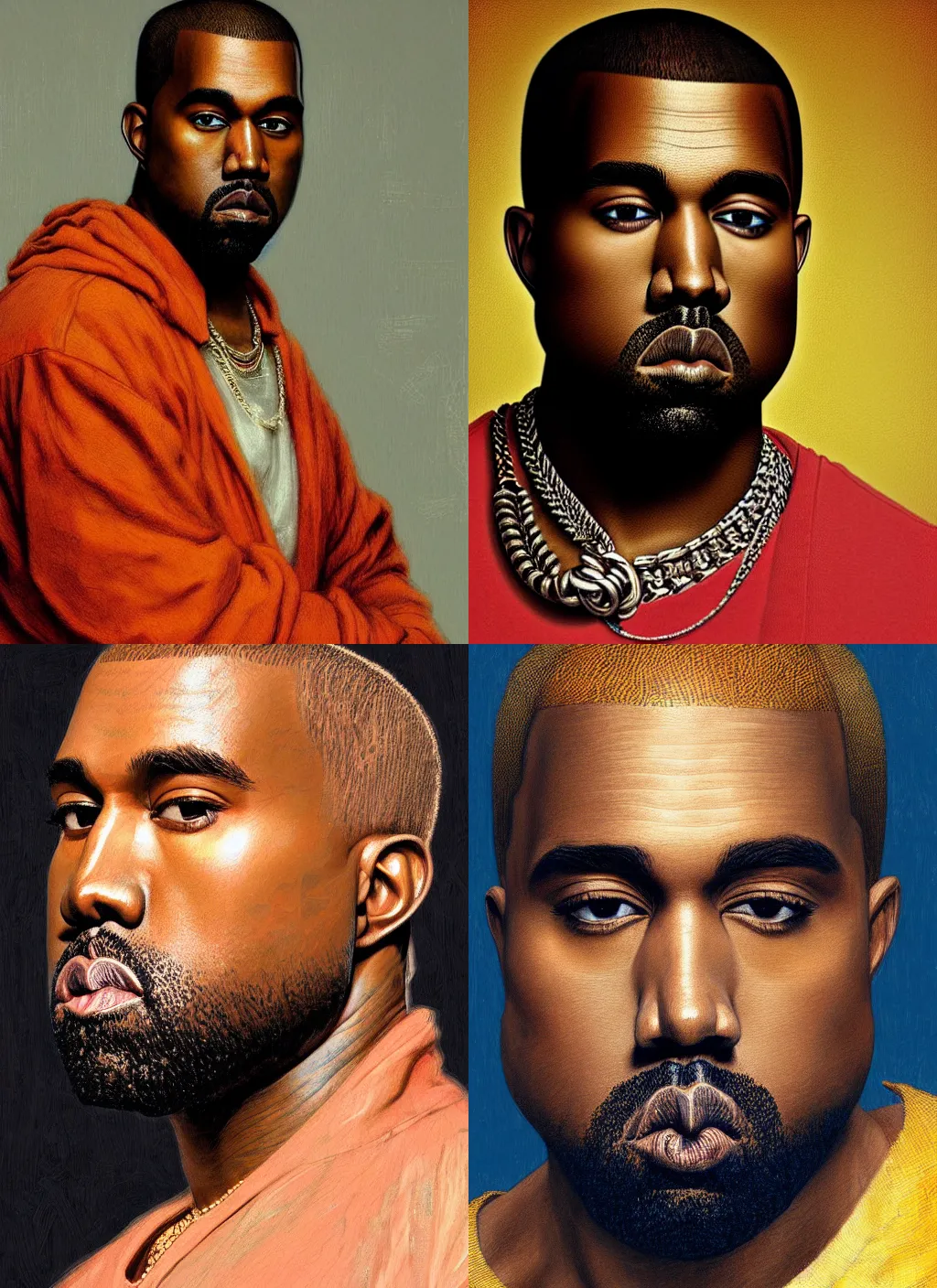 Prompt: A beautiful portrait of Kanye West, frontal, digital art by Eugene de Blaas and Ross Tran, vibrant color scheme, highly detailed, in the style of romanticism