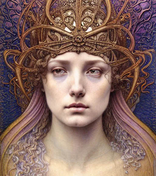 Image similar to detailed realistic beautiful young medieval queen of jupiter face portrait by jean delville, gustave dore and marco mazzoni, art nouveau, symbolist, visionary, gothic, pre - raphaelite. horizontal symmetry by zdzisław beksinski, iris van herpen, raymond swanland and alphonse mucha. highly detailed, hyper - real, beautiful