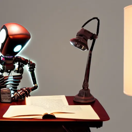 Image similar to a robot reading a book sitting in a desk chair and on the table a desk lamp turned on, in the background many books