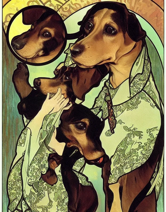 Image similar to Dachshund drinking absinthe by Alphonse Mucha