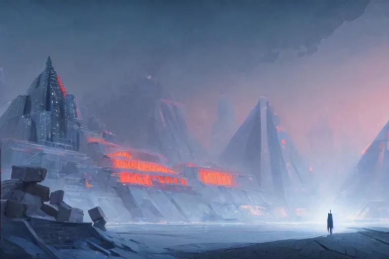 Prompt: concept art painting of an evil empires capital city with large black obsidian pyramid!! on a snowy mountaintop, nightime, lightning, dynamic lighting, vibrant, realistic, detailed, cel shaded, in the style of makoto shinkai and greg rutkowski and james gurney