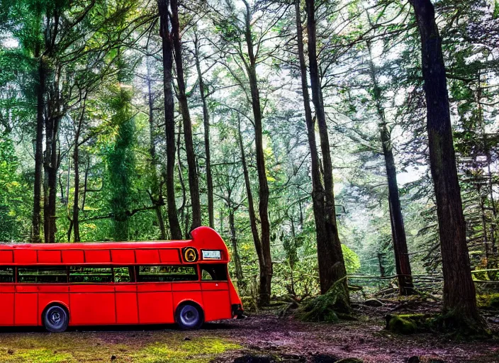 Prompt: burnt double decker bus in a beautiful enchanted forest full of vibrant life, ray casting, light rays, award winning photo