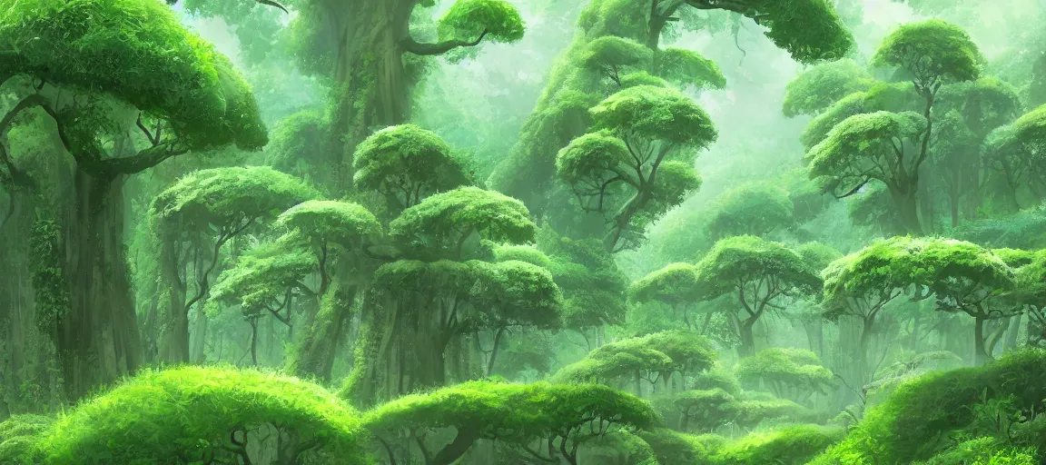 Image similar to A lush green forest by Ghibli Studio, digital art, immaculate scale