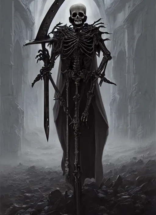 Image similar to portrait of a skeleton in a dark cloak holding a large translucent claymore sword made from the souls of the dead, intricate, elegant, highly detailed, digital painting, artstation, concept art, smooth, sharp focus, illustration, art by wlop, mars ravelo and greg rutkowski