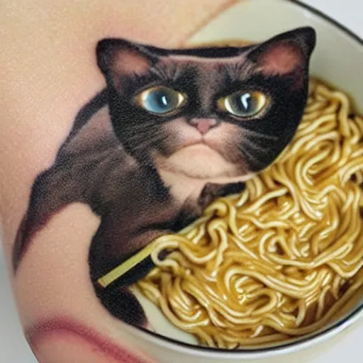 Image similar to a micro tattoo of a siamese cat laying in a bowl of ramen noodles