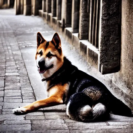 Image similar to shiba inu german shepherd mix dog lying on the street in ancient florence, high quality digital art, cinematic lighting, moody lighting