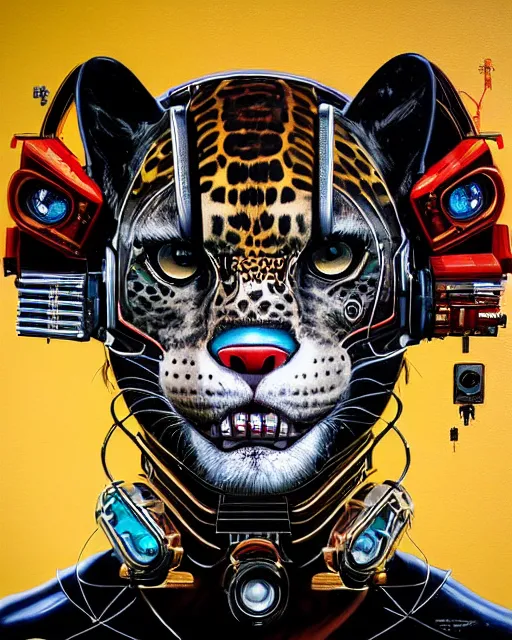 Image similar to a portrait of an anthropomorphic cyberpunk jaguar by sandra chevrier, by jon foster, detailed render, tape deck, epic composition, cybernetics, 4 k realistic, cryengine, realistic shaded lighting, sharp focus, masterpiece, by enki bilal