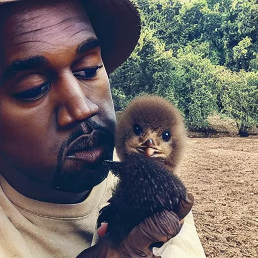 Prompt: kanye west in a farm holding up a baby chick extremely close to the camera, almost touching the lens. photograph extremely close wide - angle lens